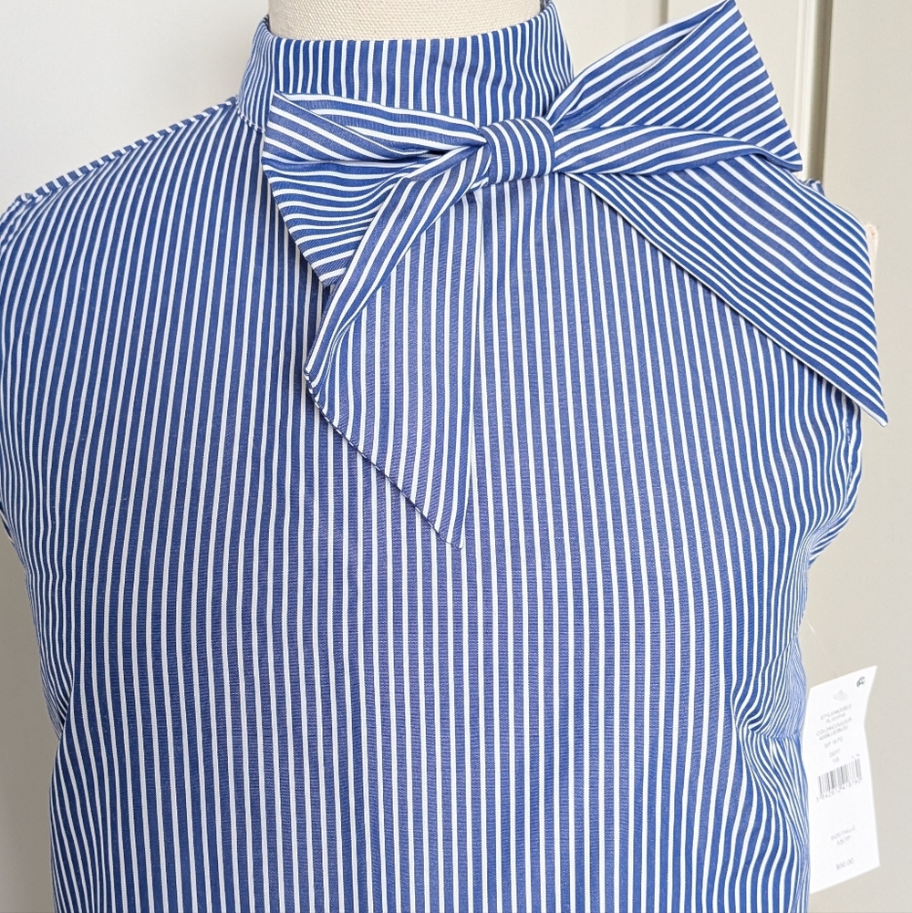 NWT Lili Sidonio Molly Bracken Bow Pinstripe Blue White Sleeveless Blouse Top XS - Picture 2 of 10